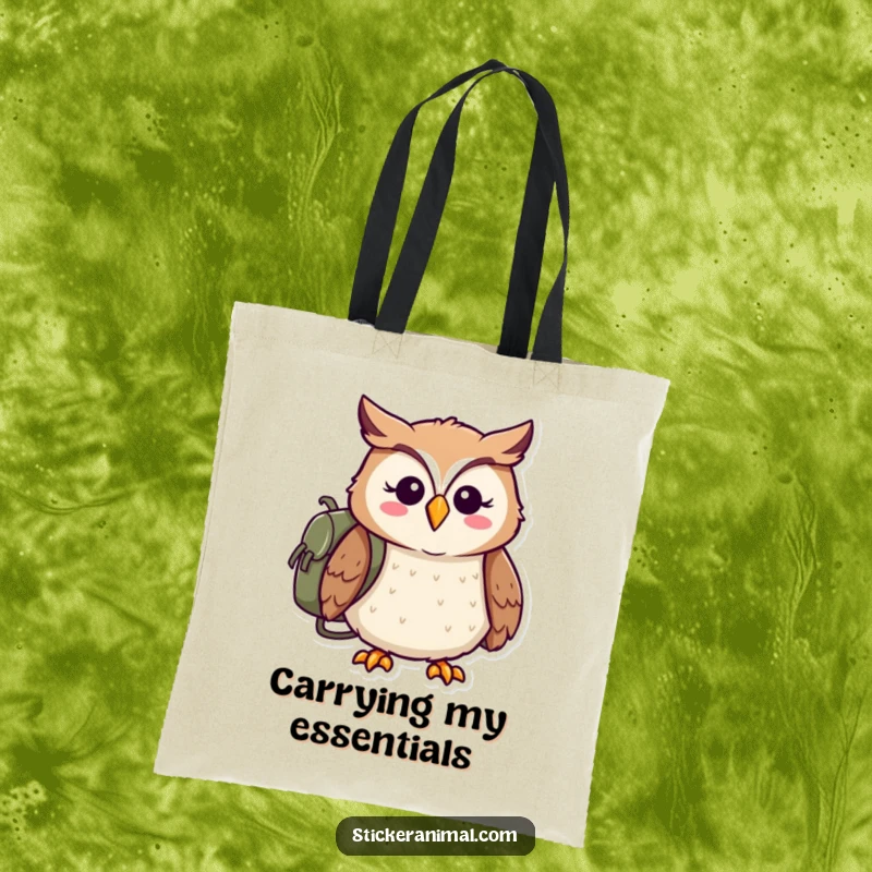 Funny tote bag with a cheerful owl wearing a backpack, symbolizing readiness for adventure and exploration.