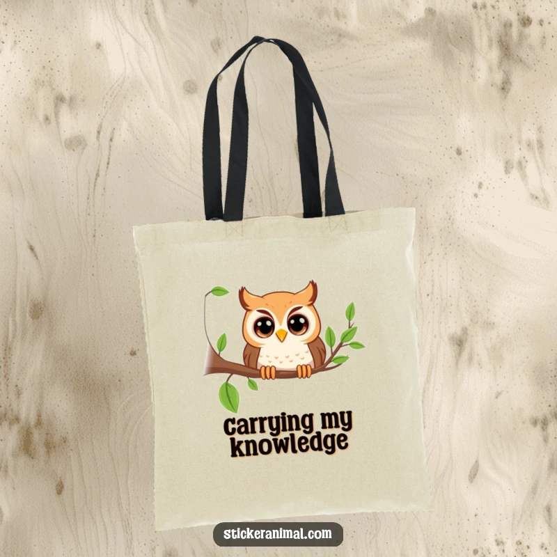 Funny playful owl with large eyes peeking from a branch on a tote bag, full of curious charm, perfect for a funny gift.