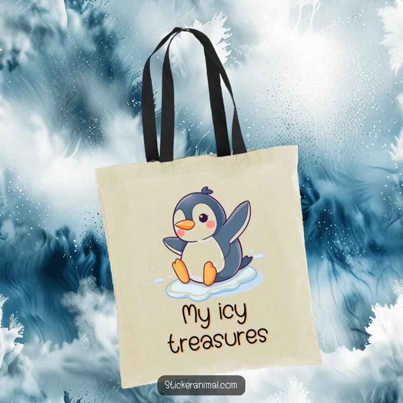 Funny Penguin Slide Tote Bag with a joyful penguin character sliding on ice, perfect for humorous and stylish everyday carrying.