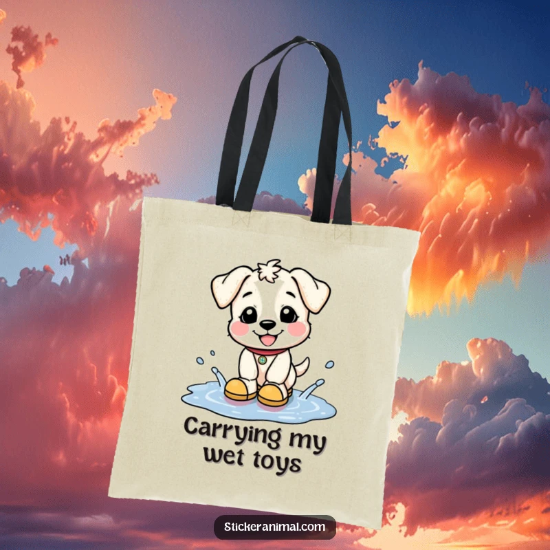 Funny tote bag showing a happy puppy in tiny boots splashing joyfully in puddles, perfect for carrying items with a playful spirit.