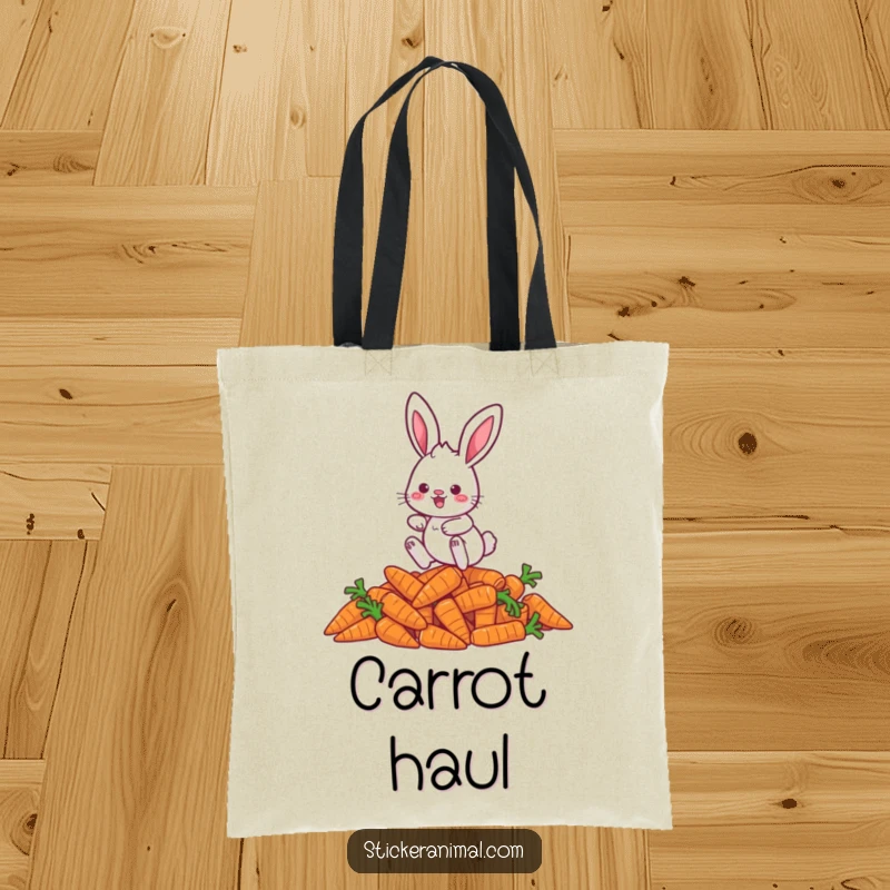 Funny rabbit tote bag showing a playful character hopping energetically over a pile of carrots, a whimsical accessory.