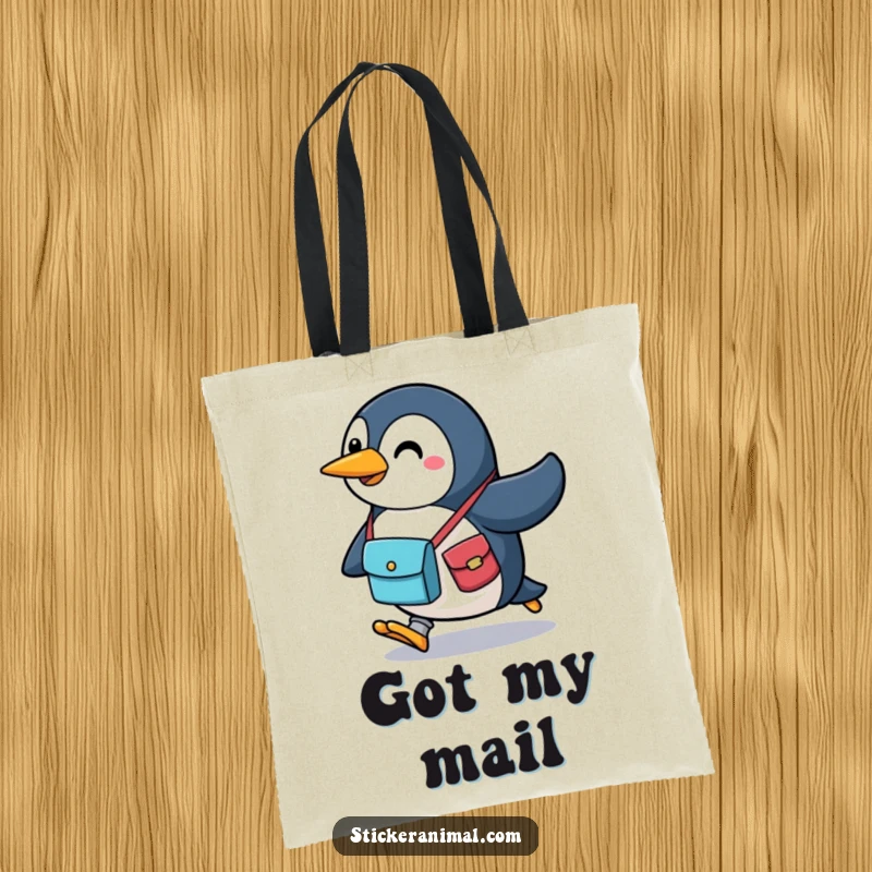 Funny penguin tote bag showing a happy character with a messenger bag, running dynamically to carry all your daily essentials with flair.