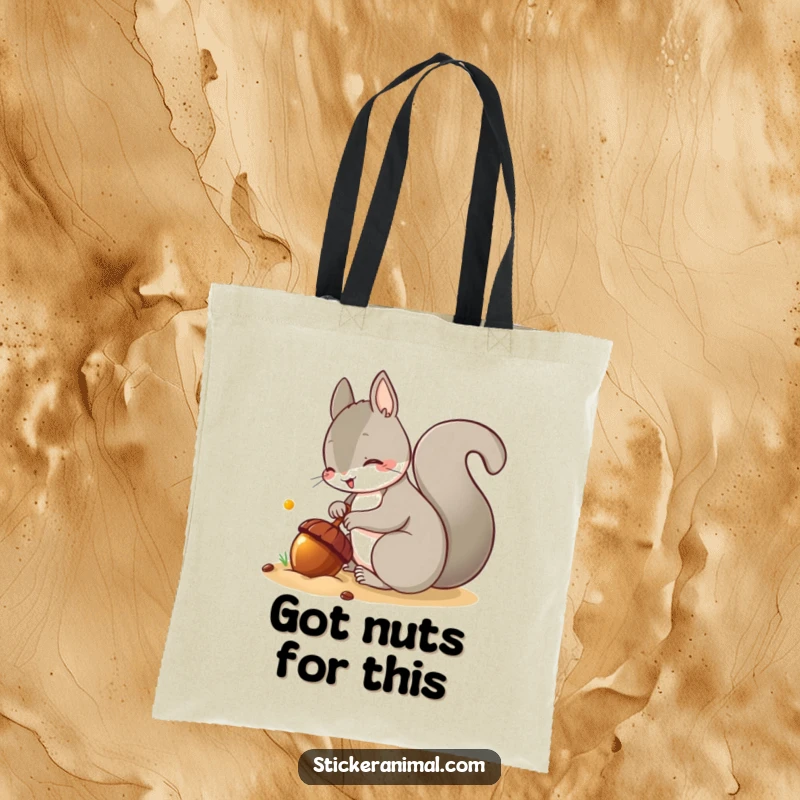 Funny tote bag showing a busy squirrel burying a shiny acorn, perfect for carrying your own little treasures.