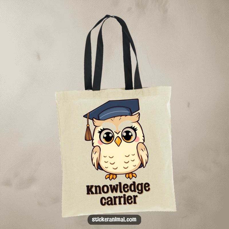 Funny Surprised Owl Tote Bag: A durable bag featuring a surprised owl wearing a graduation cap, great for carrying essentials.