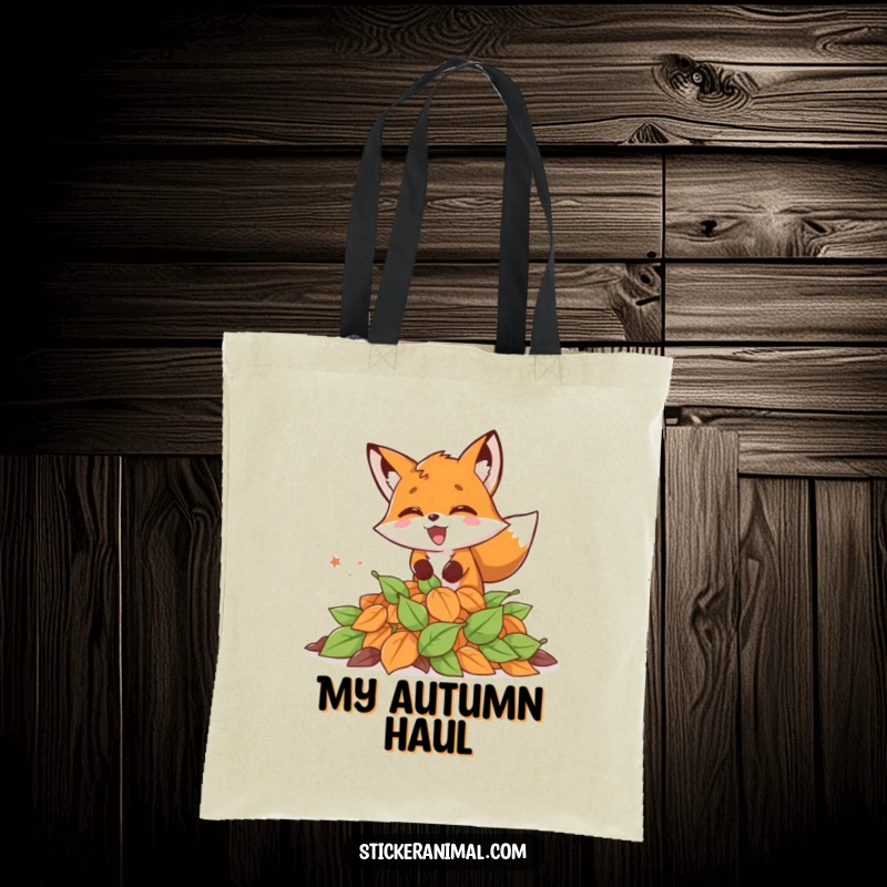 Funny tote bag featuring an excited fox energetically pouncing into a pile of autumn leaves, ideal for seasonal errands.