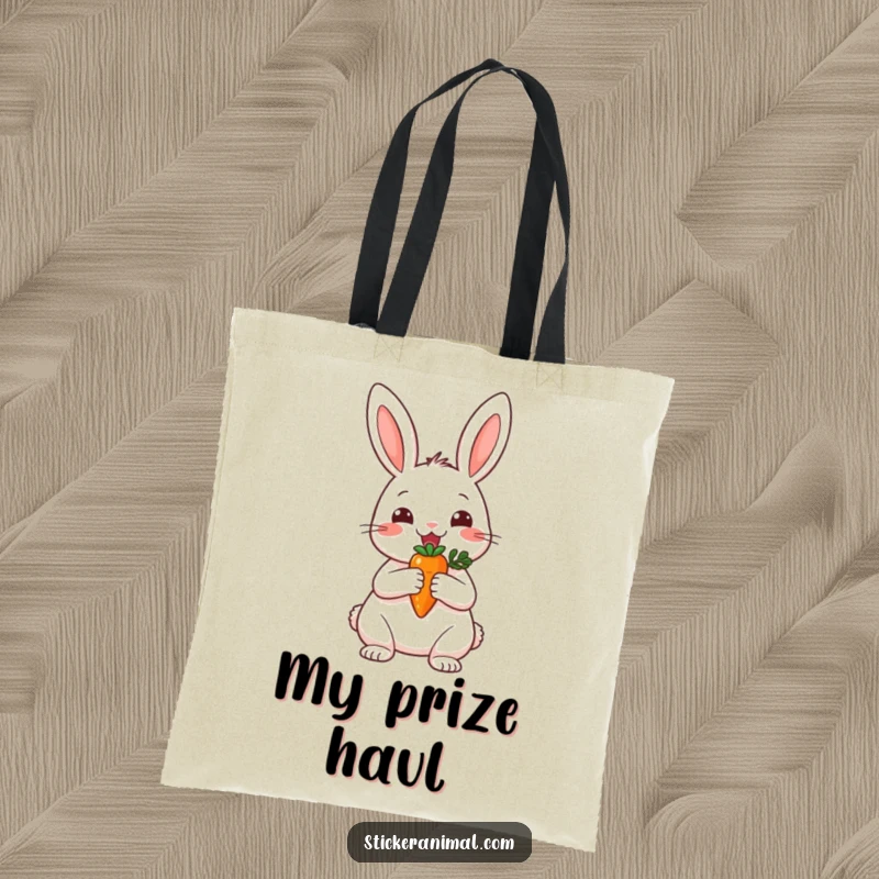 Funny tote bag featuring a cheerful rabbit holding a small carrot like a trophy, perfect for carrying daily essentials.